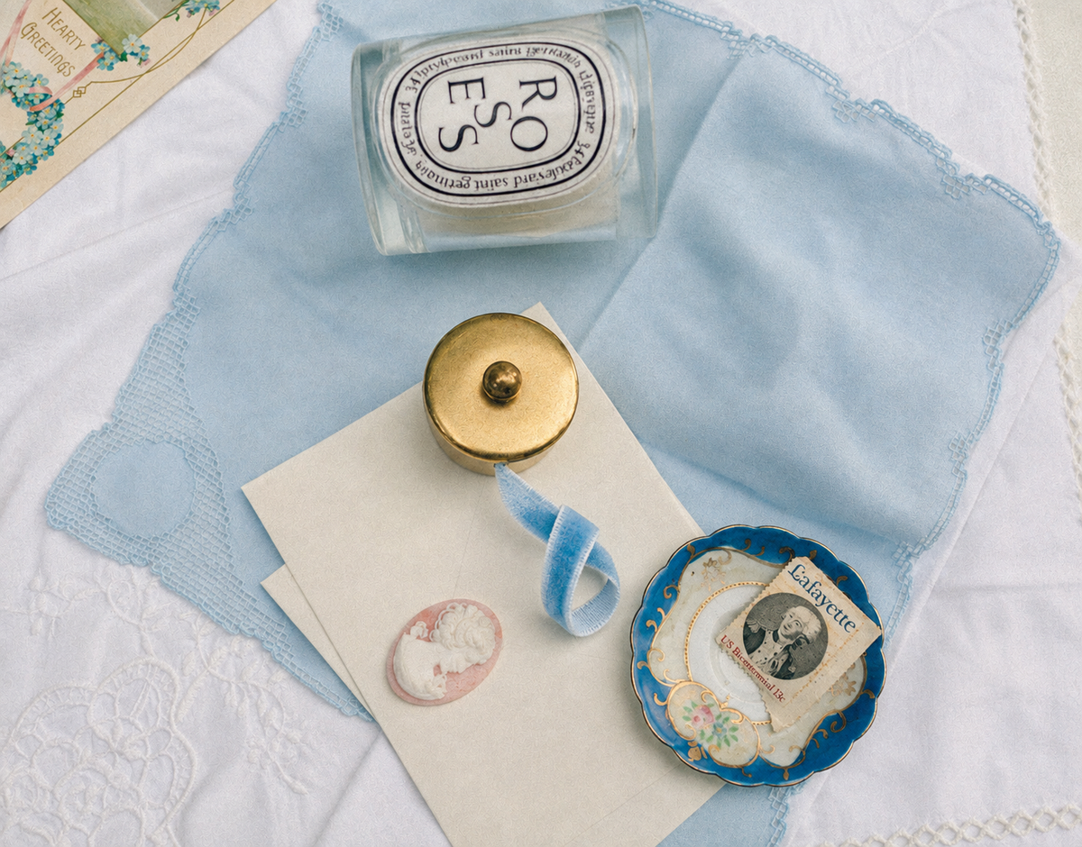 Vintage brass postage stamp roll holder with warm aged patina surrounded by vintage post cards an envelope and a candle